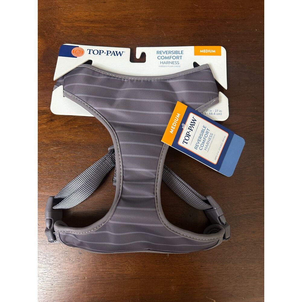 Top Paw Reversible Comfort Dog Harness Size Medium Gray Striped Adjustable NWT